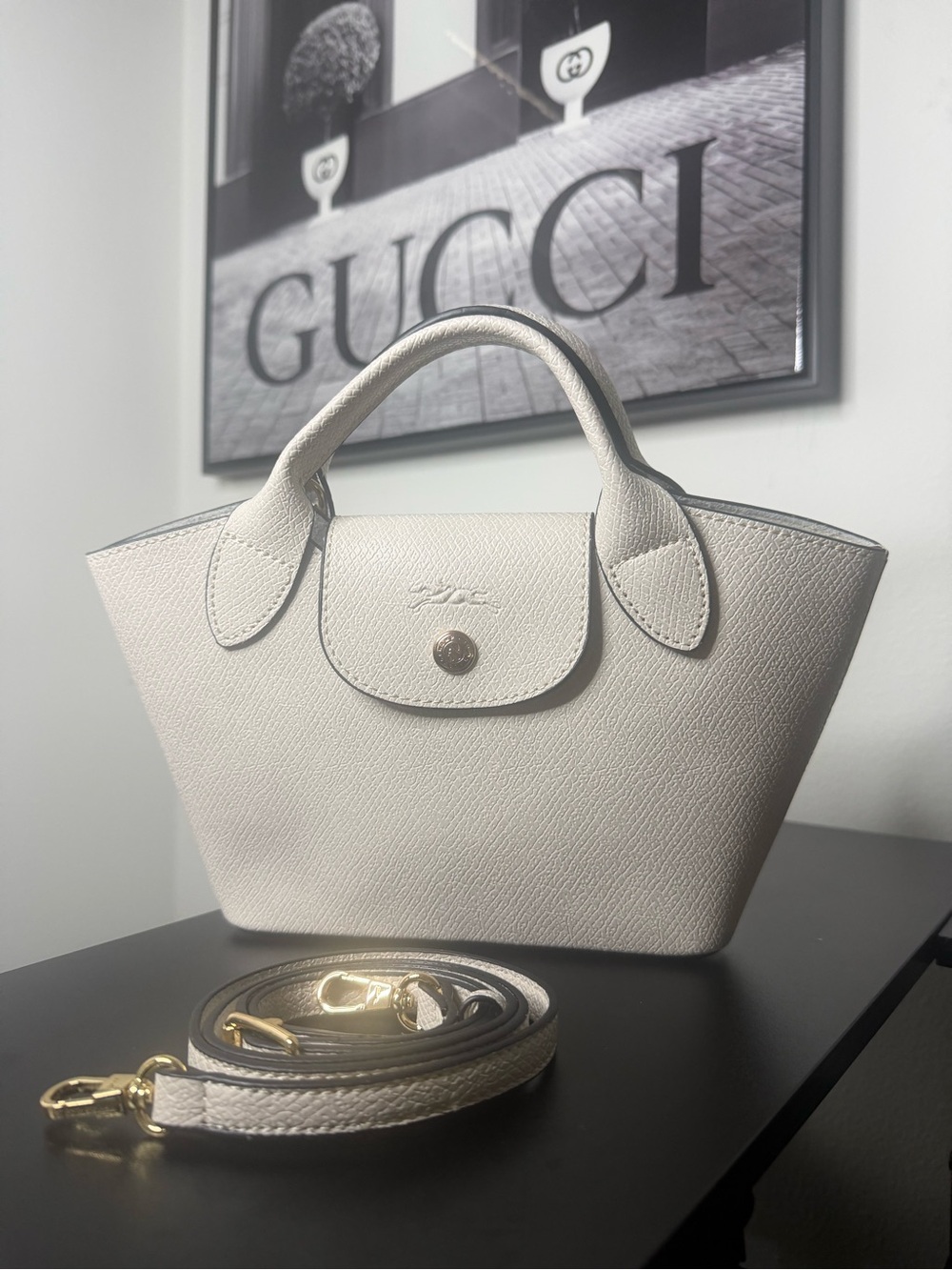 Longchamp Cream Leather Small Top-Handle Tote with Detachable Strap